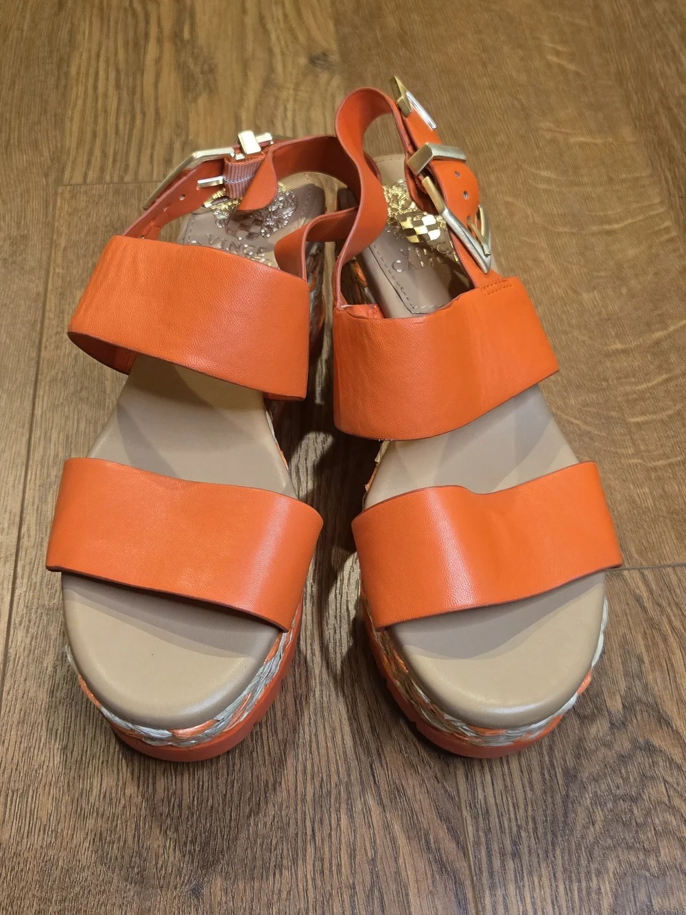 NEW Vince Camuto Orange Leather Platform Wedge Sandals Espadrille Women's 6M